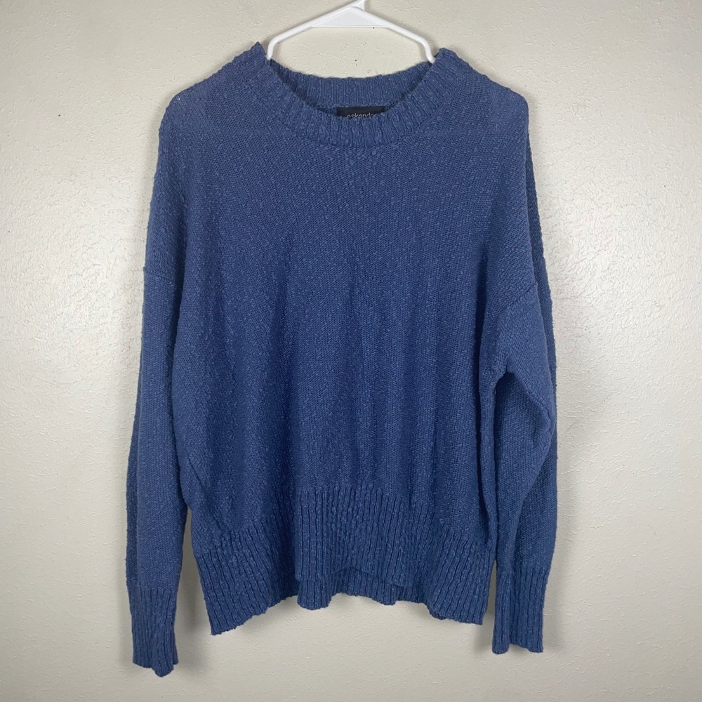Eskandar Blue Cotton Linen Oversized Knit Sweater Crew Neck One Size O/S